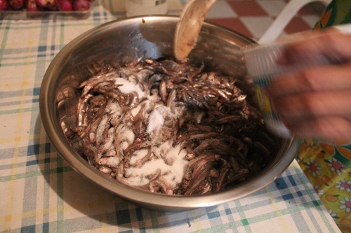 Adding a proportional amount salt to the fish.