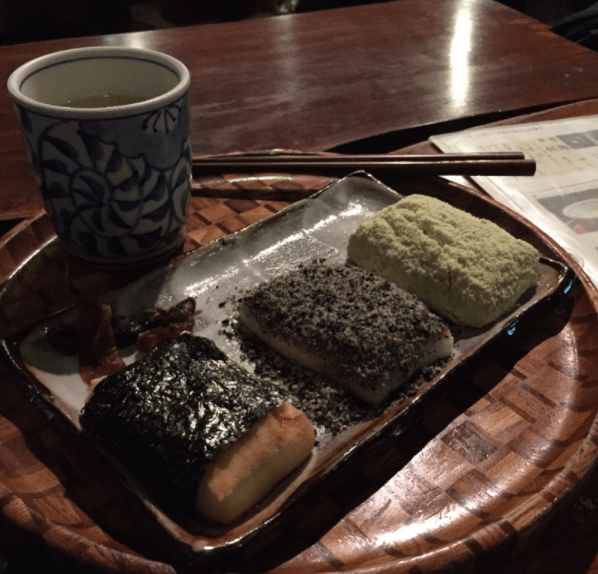 Three types of Chikara Mochi paired with a cup of tea